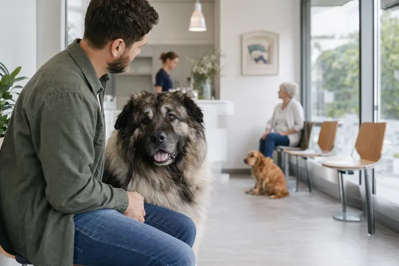Kaukasischer Owtscharka sitzt ruhig neben seinem Besitzer im hellen Wartezimmer einer modernen Tierarztpraxis.